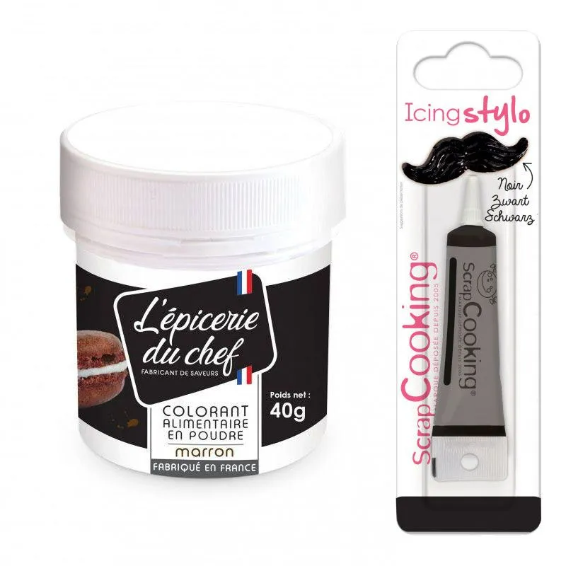 Colorant alimentaire en poudre marron 40 g + Stylo glaçage noir Scrapc 