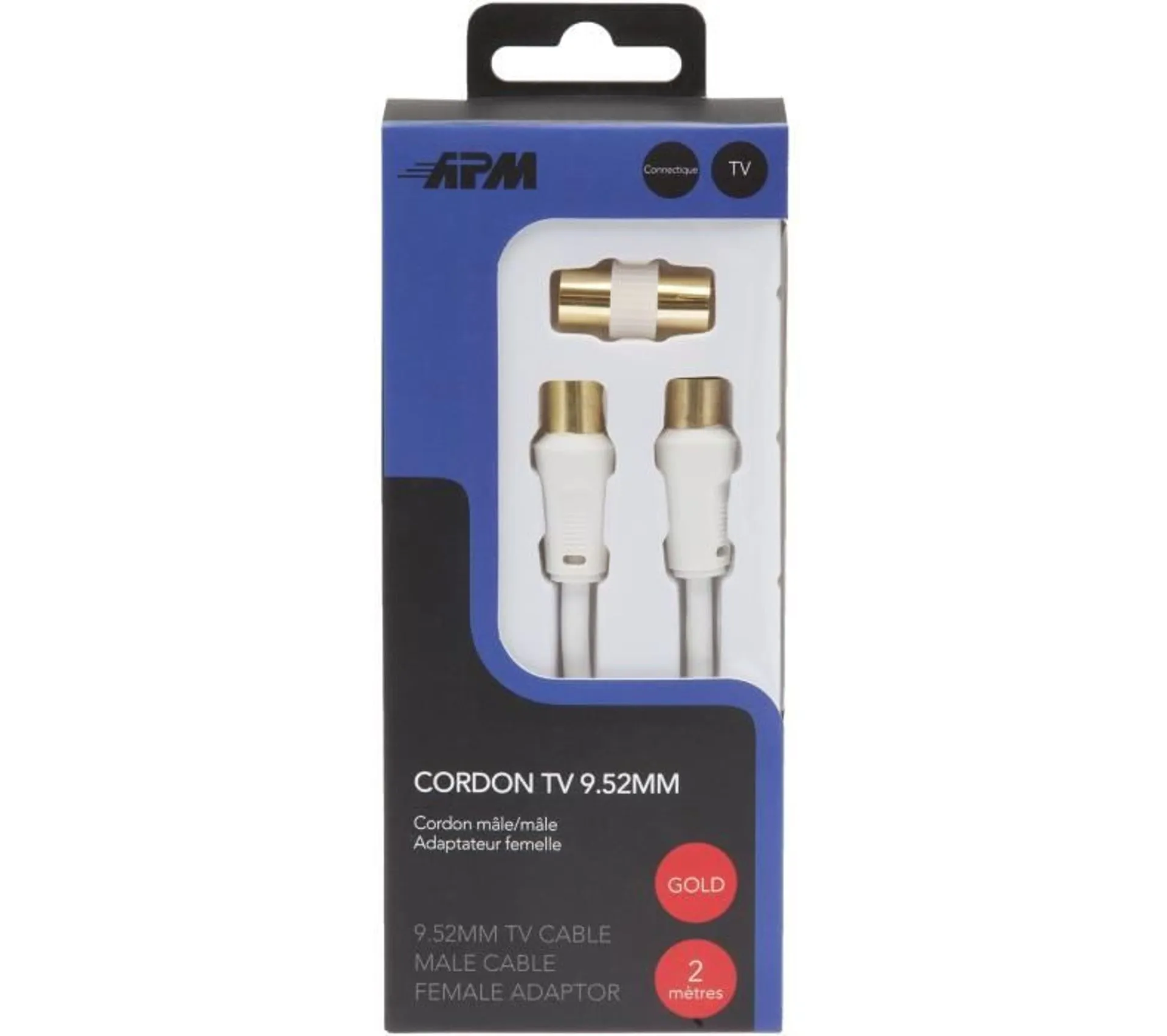 Cordon TV Mâle/mâle 9,52mm Blanc 2m + Adaptateur Femelle