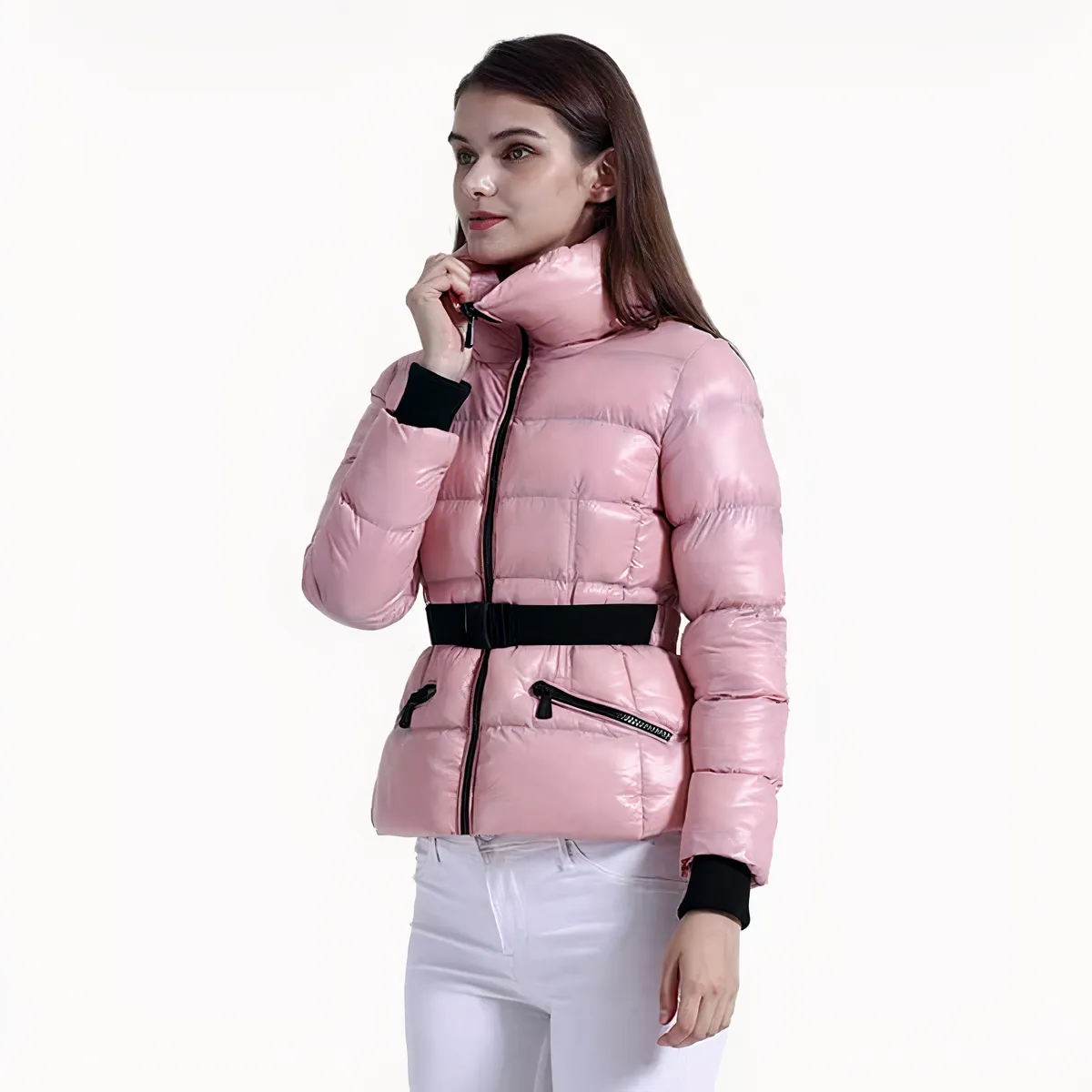 Doudoune rose à ceinture pour femme • 