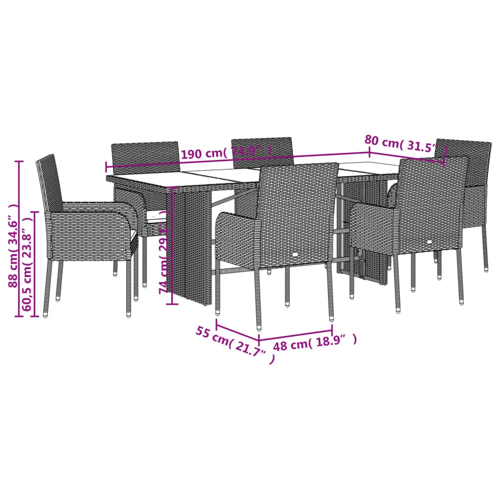 Ensemble à manger de jardin et coussins 7 pcs gris rotin