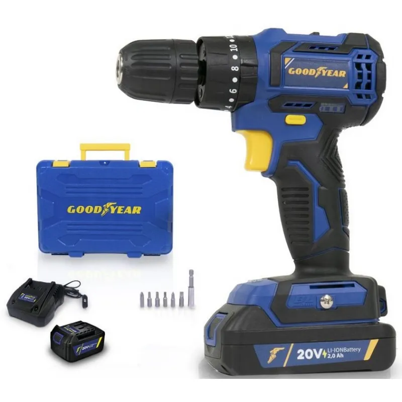 Perceuse visseuse Brushless 20V + Batterie lithium 2.0 Ah Malette + 11 Accessoires GOODYEAR