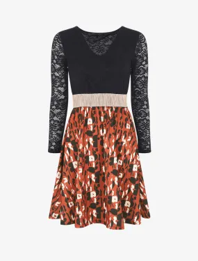 Robe à imprimé fantaisie et dentelle - Rouille