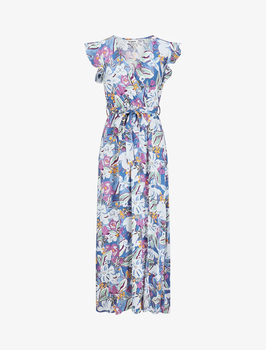 Robe longue à mancherons imprimé fleuri - Bleu