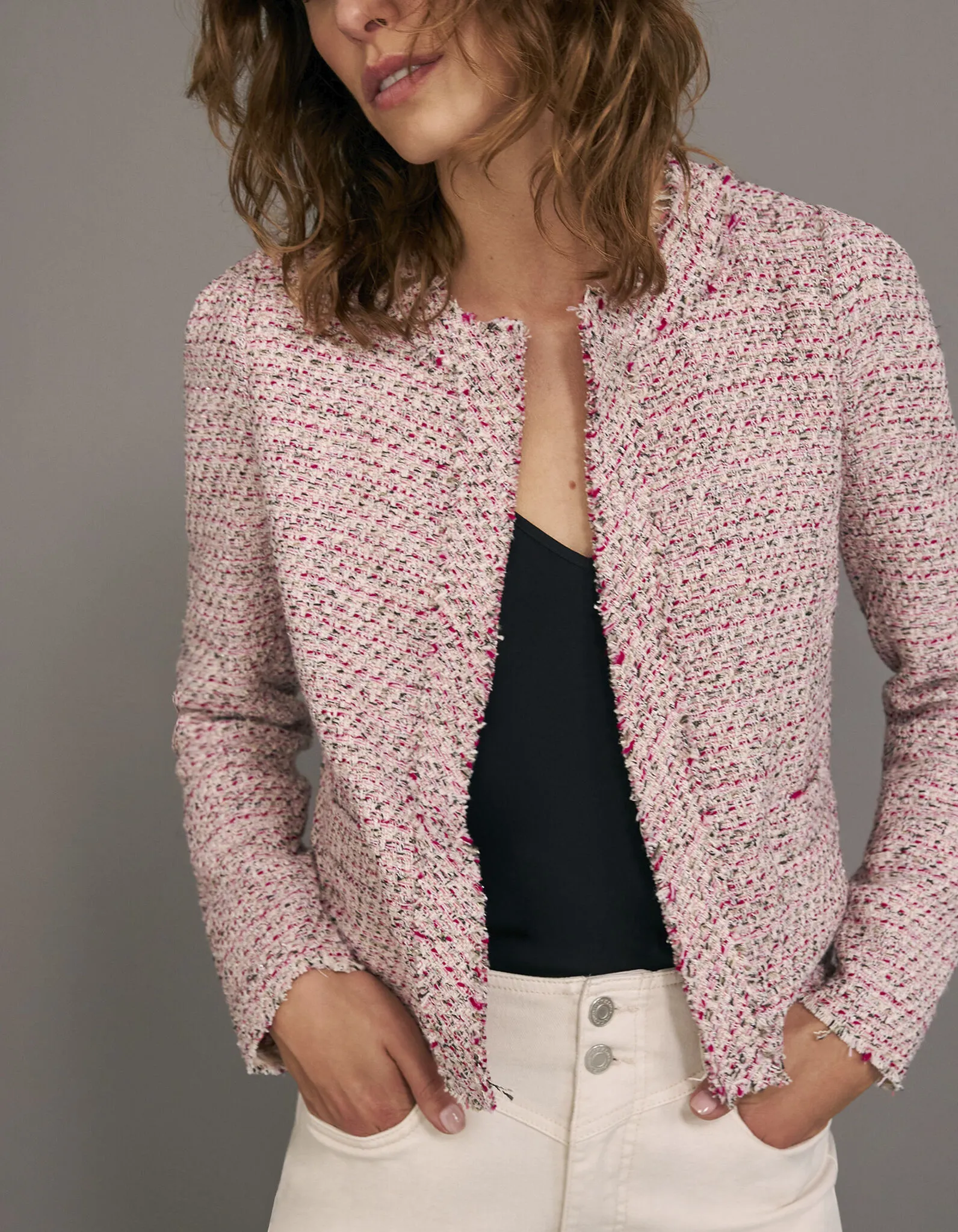 Veste carrée tweed fantaisie rose femme